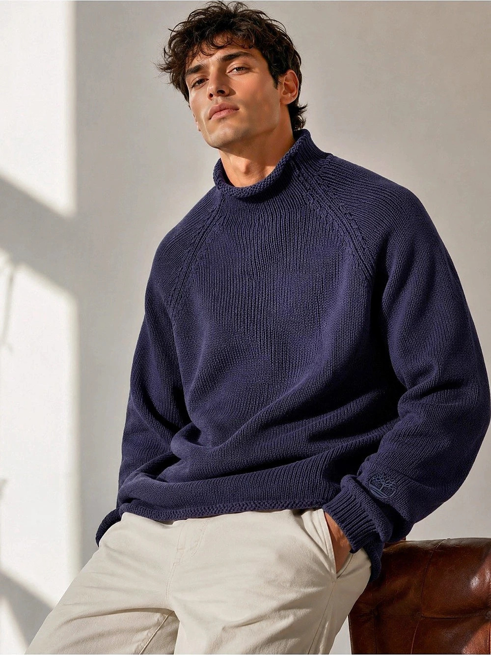 Vintage Timberland 100% Cotton Navy Blue Mock Neck Raglan Knit Sweat